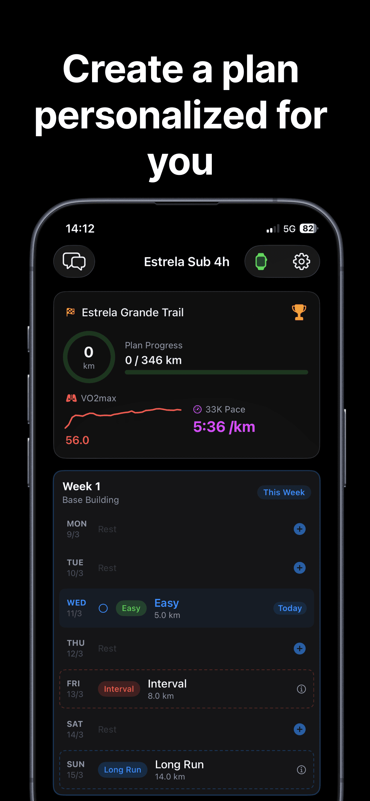 Week-by-week personalized running training plan in the RunAI app
